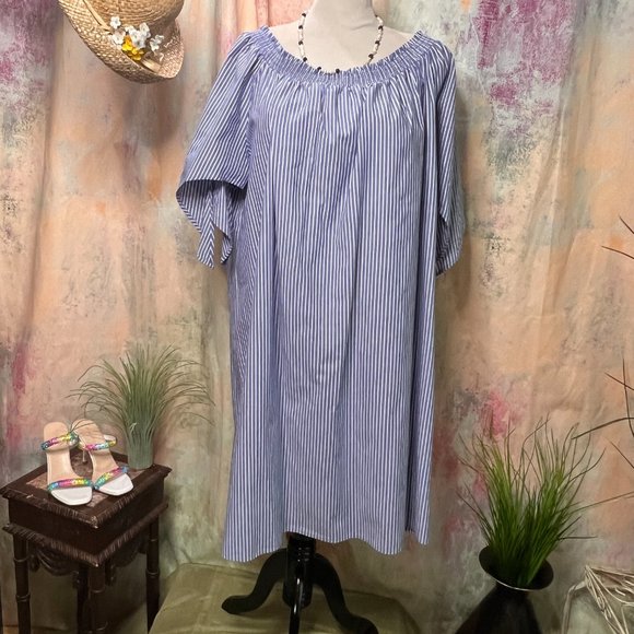 📌Terra & Sky Blue -White Striped Woven Cotton Dress Wear On or Off Shoulder - Picture 1 of 15